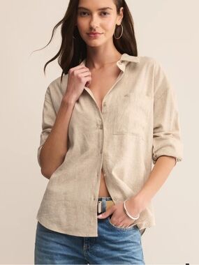 H&M linen long sleeved  button down shirt, beige, sz XS oversized
